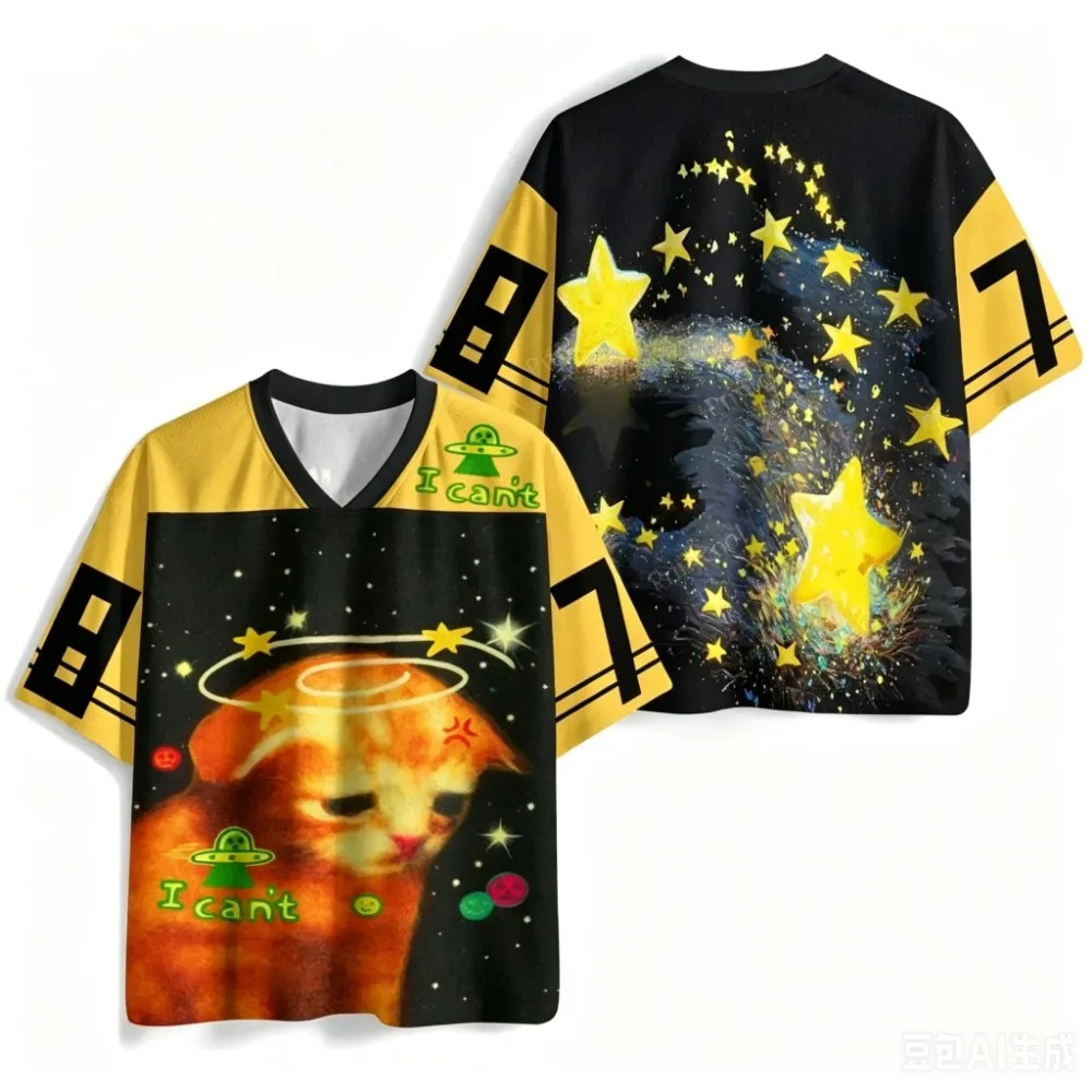Cat's Starry Night 3D Print Men's Women T-Shirt V-neck Comfortable Breathable Quick-Dry Outdoor Sports Y2K Parent-Child Clothing