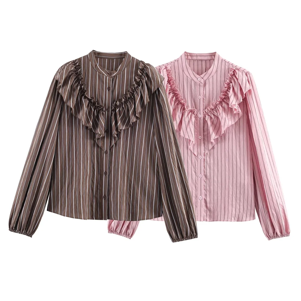 

Spring New Women Fashion Casual Style Versatile Long Sleeve Blouses High Collar Stacked Decorative Striped Female Shirt Top