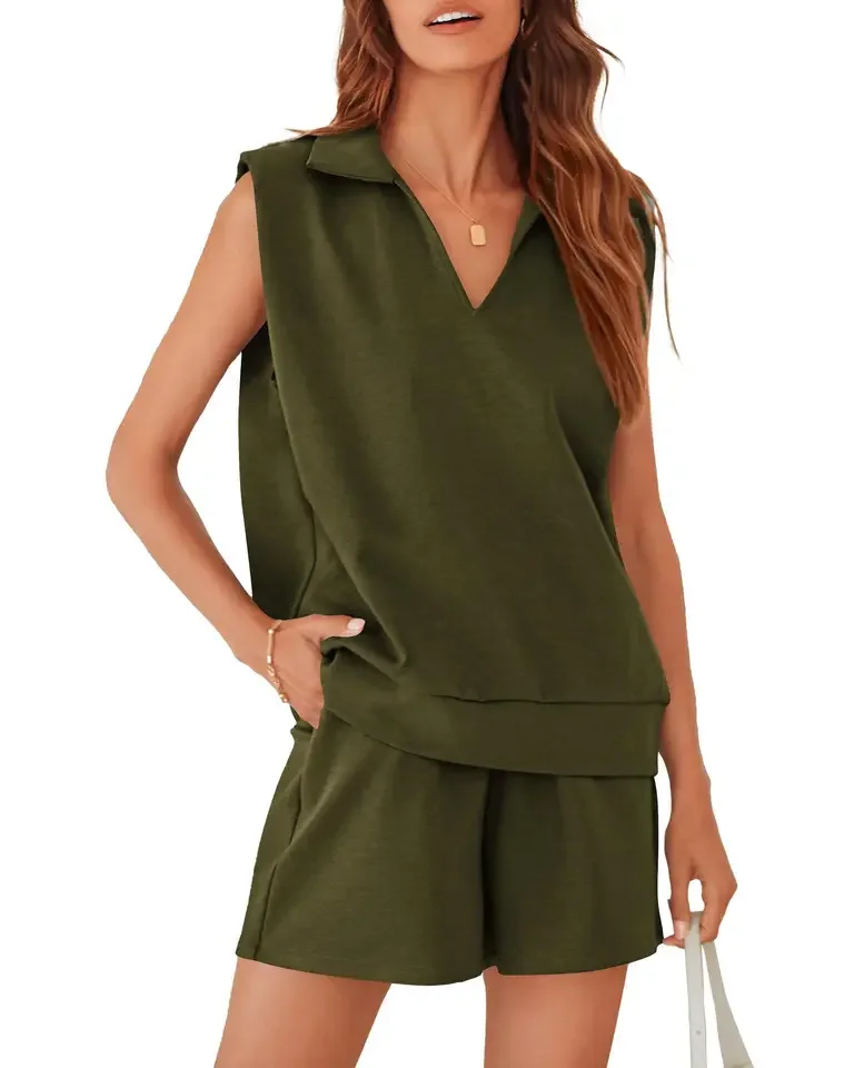 الصيف 2 قطعة مجموعة المرأة نمط عادية الخامس الرقبة أكمام قميص بولو مرونة علوية + الخصر السراويل الرياضة رداء غير رسمية