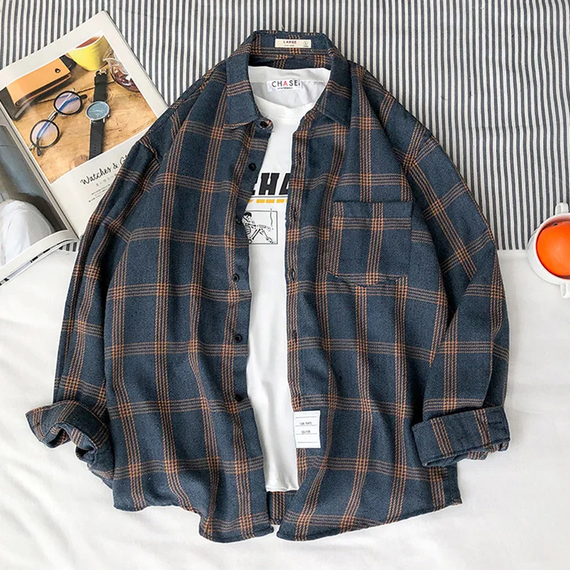 

Vintage Men's Plaid Shirt Male Casual Office Blouses And Shirts Oversized Long Sleeve Summer Shirts Business Clothes Autumn