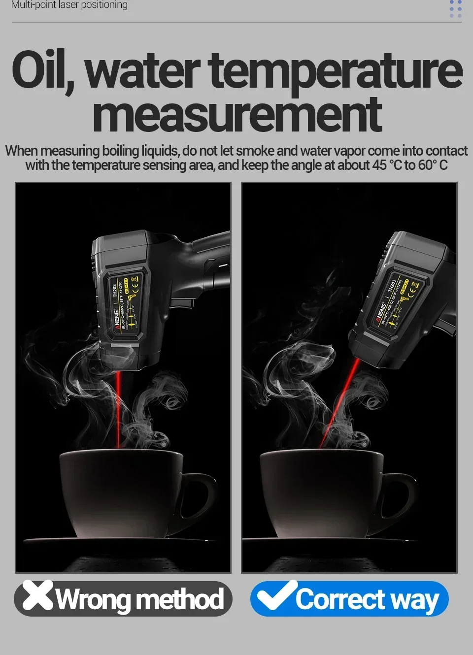 ANENG TH203 Digitales Infrarot-Thermometer -50~600°C ℃ Temperaturmessgerät, berührungsloses Pyrometer, Tester, IR-Hygrometer, Industriewerkzeug – Detail 7