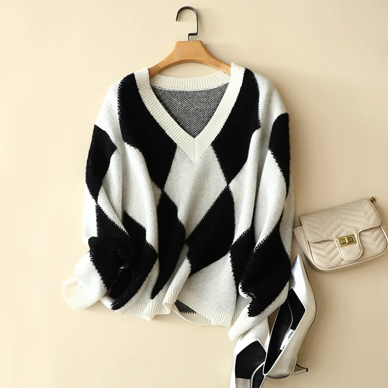 Cashmere Knitted Sweater Women Winter Color Contrast Pullover V-neck Sweater Female Loose Lazy Wind Autumn Long Sleeve Sweater