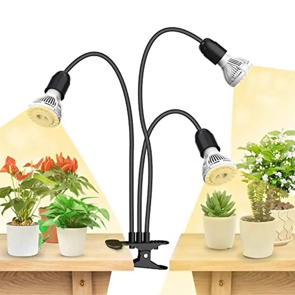 Indoor Plants Grow Lamp 450W Full Spectrum 3-Head 360° Gooseneck Ceramic Tech LED Light Clip-on High PPFD Replaceable Bulbs 30W