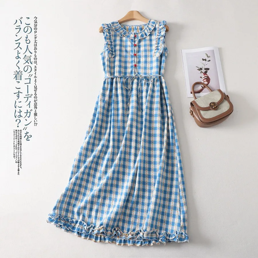 

【New style】2026 summer high-waisted sleeveless plaid dress loose commuting style suede long dress casual vacation style female