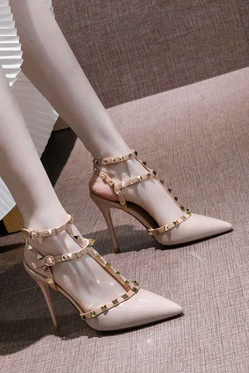 2024 Spring New with Heel Shoes Pointed Rivets Thin Nude High Heels Not Tired Feet Network Red Sexy Sandals 8cm Pumps