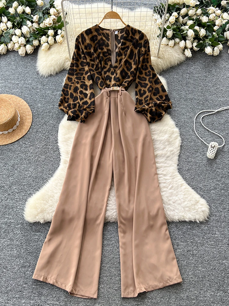 

Spring Autumn New European American Leopard Print Jumpsuit Women's Bubble Sleeves Cross Collar Wide Leg Loose Pants C392