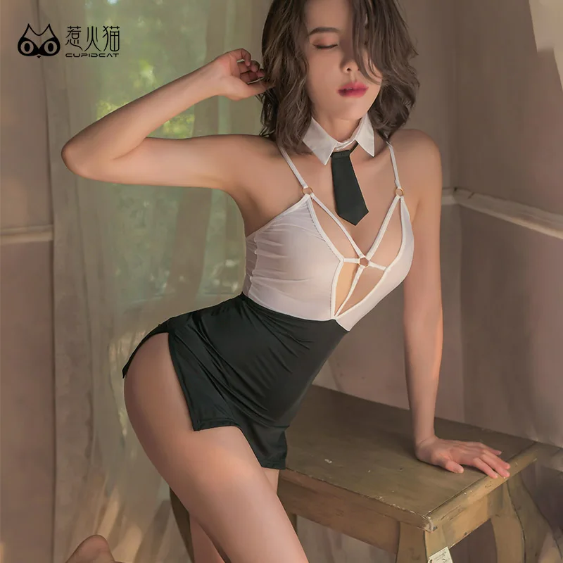 Japanese Erotic Bar Miss Secretary Uniform See-Through Bandage Open Chest Nightwear Dress Sexy Lingerie Office Lady Porno Party