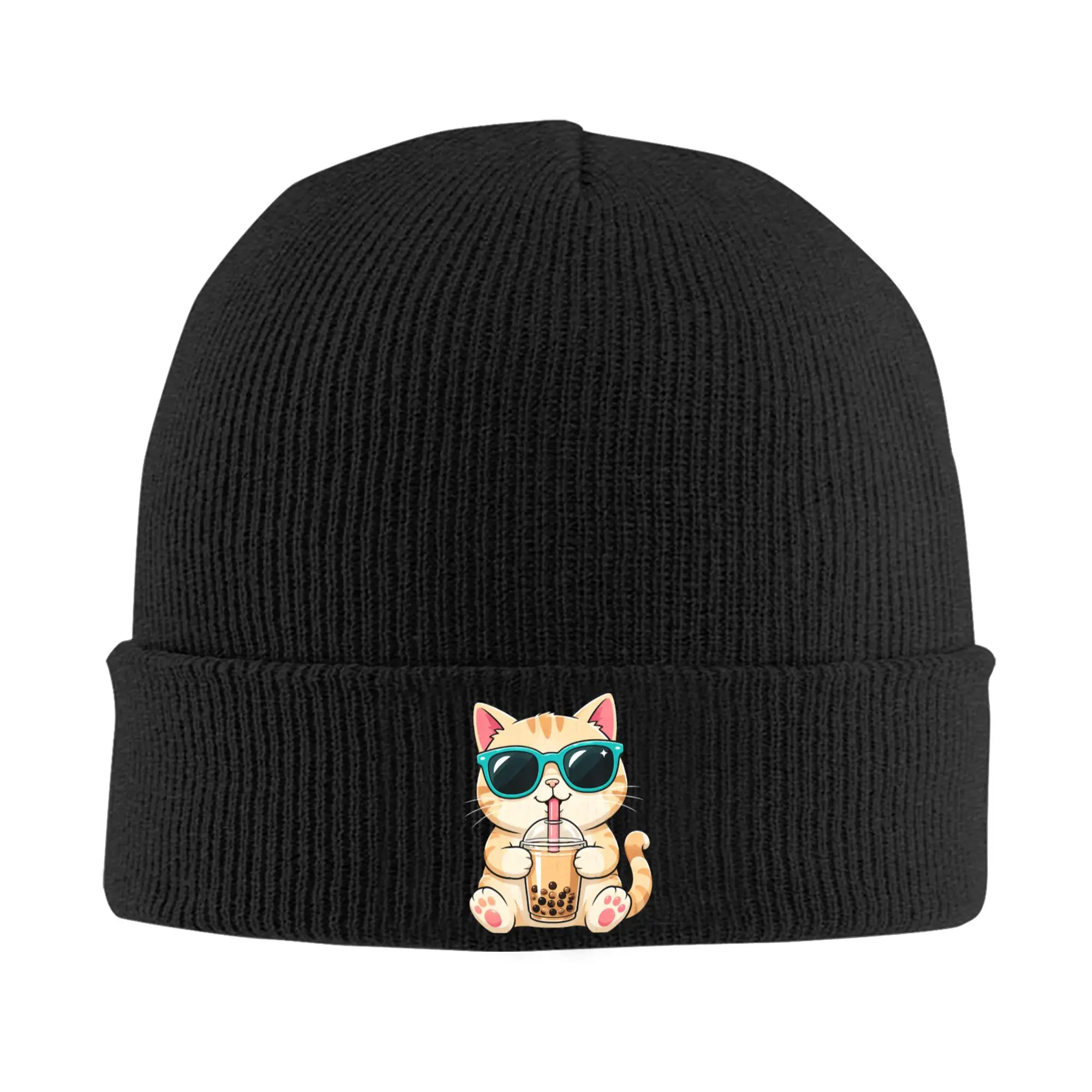 Cute Cat Drinking Boba Tea Sunglasses Funny Beanie Hats  Knit Hat Men Women Fashion Elastic Caps Winter Bonnet Hats