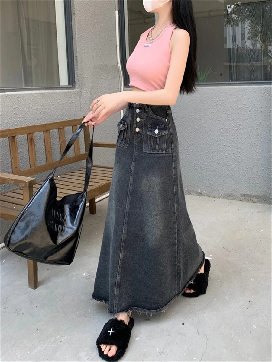 Jupe en jean boutonnée taille haute pour femmes printemps été nouveau Sle grande taille jupe parapluie longue trapèze tendance coton polyester...