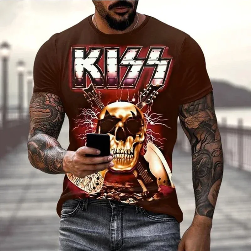 Men\'s and women\'s Kiss Rock Band 3D printed T-shirts, hip-hop street clothing, large short sleeved T-shirts, children\'s T-shirts