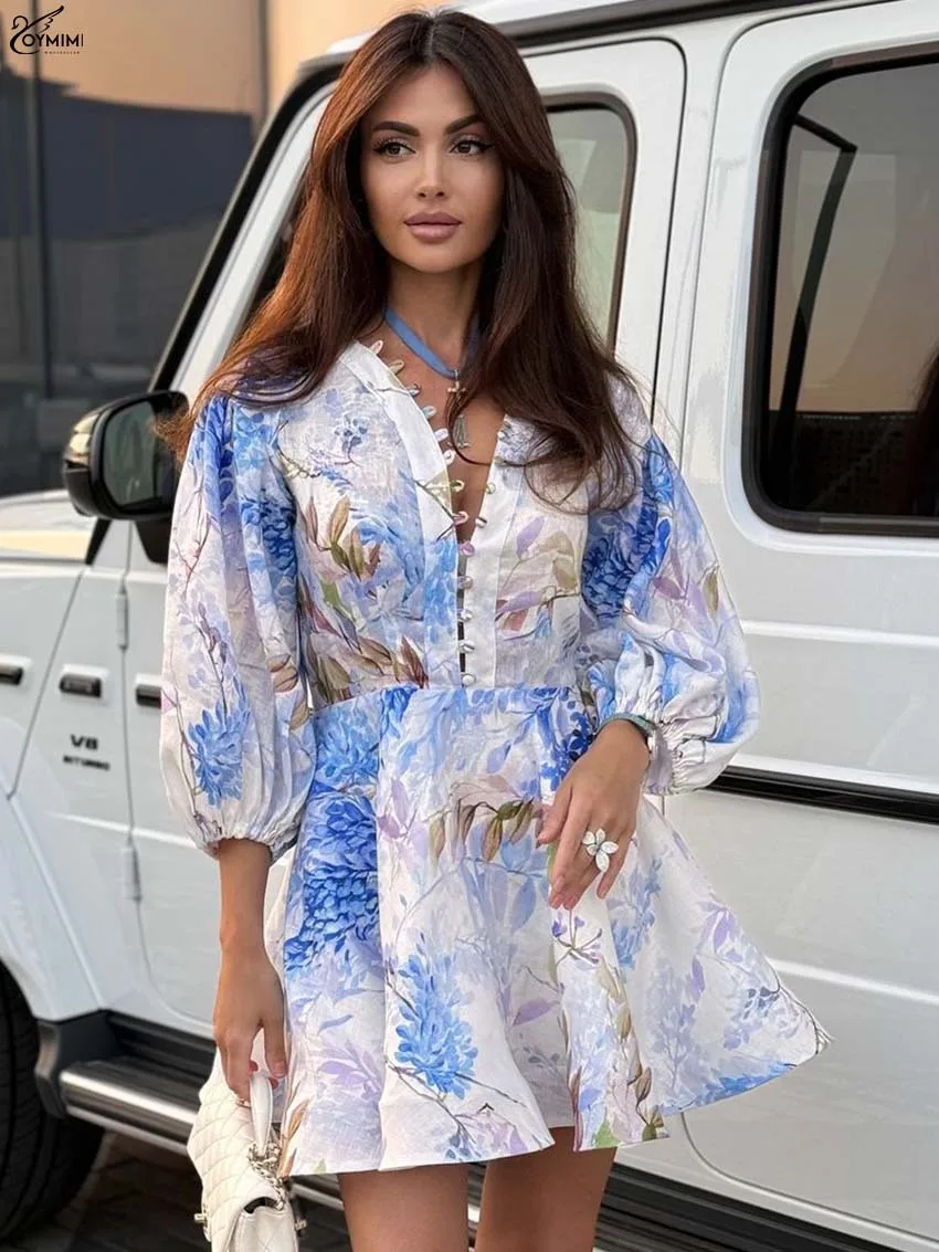 Oymimi Elegant White Print Women's Dress Fashion Three Quarter Sleeve Single Breasted Dresses Casual High Waisted Mini Dresses