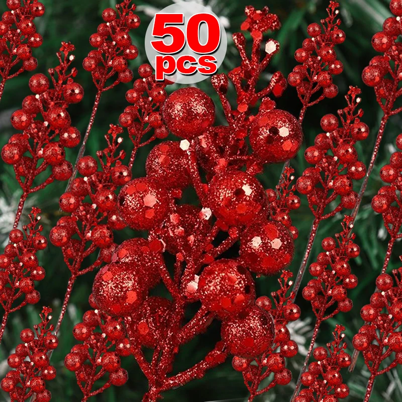 

Artificial Glitter Red Berries Christmas Fake Flowers Plants Gold Powder Holly Berry Branches New Year Party Ornament Home Decor