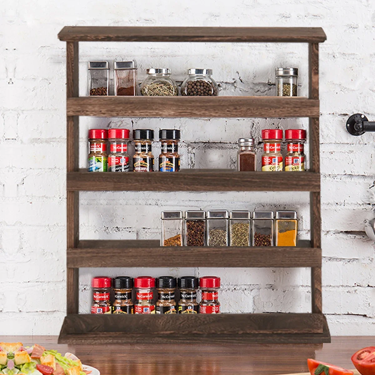 Wood Spice Rack Wall Mount, Wooden Spice Rack Holder, Seasoning Rack, Countertop or Wall Mount Tiered Door Spice Rack