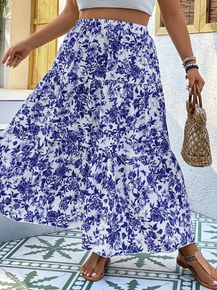 

Large Swing Skirt for Women 2024 Summer Commuting Style Temperament Commuting Printed Woven High-Waisted Dresses Long Skirt