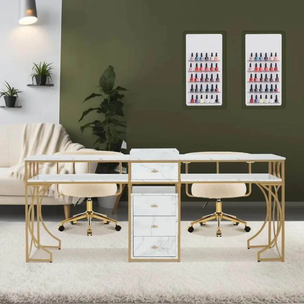 Double Manicure Table for 2 Person, Nail Station Marbling Texture, Long Nail Desk with Storage Drawers, Double Nail Table