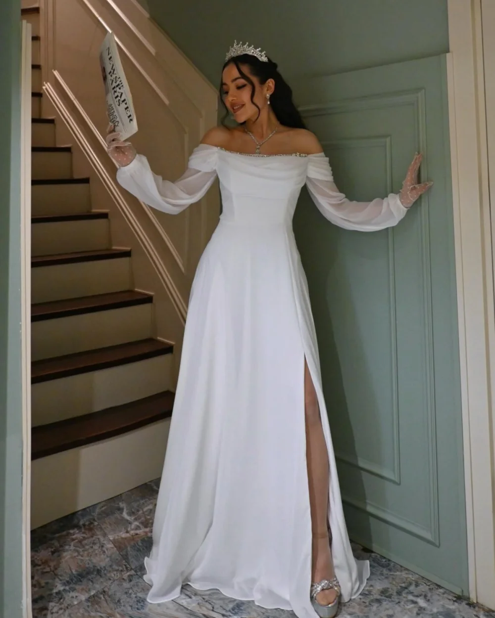 

Customized High Quality Women Chiffon Rhinestone Pleat A-Line Evening Dresses Formal Off-the-shoulder Floor Lenght Prom Dresses