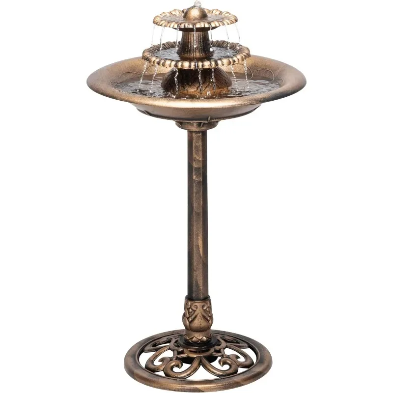 TEC106-BZ Outdoor Floor 3-Tiered Pedestal Water Fountain with Birdbath, Vintage Waterfall, 35