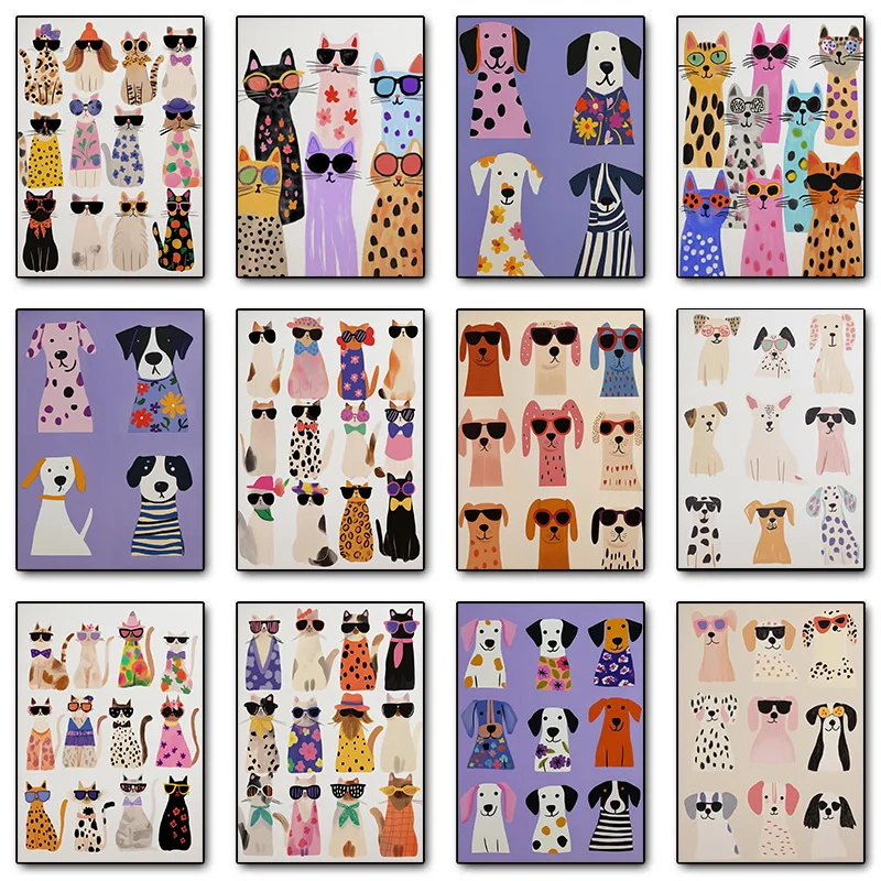 Cool Cats In Sunglasses Collection Stylish Felines Puppy Colorful Poster Print Wall Art Pictures Canvas Painting Room Home Decor