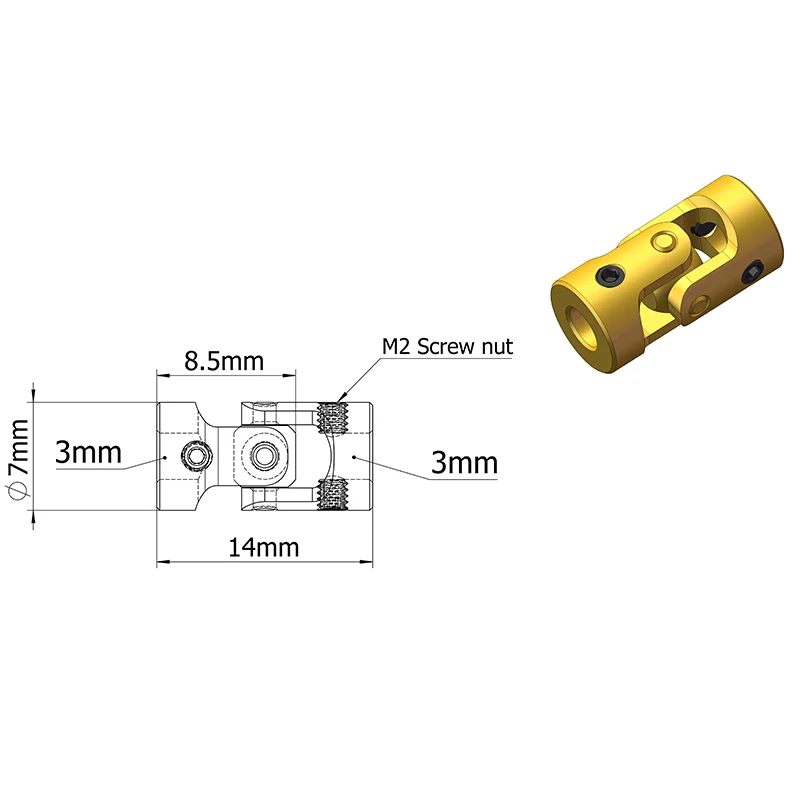 GKTOOLS Mini sprzęgło mosiężne złącze uniwersalne 3mm x 3mm średnica 7mm długość 13mm Model statku łącznik Gimbal