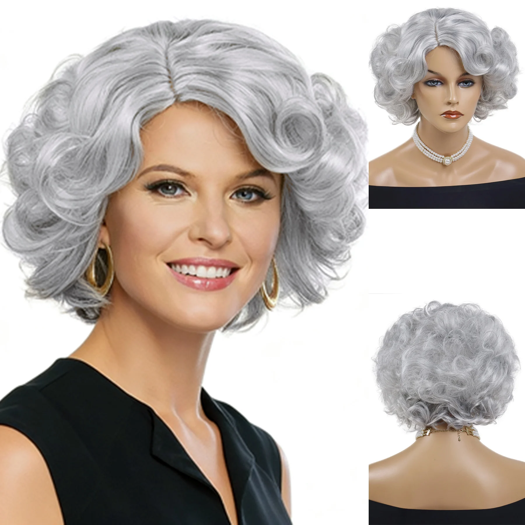 

Синтетические короткие кудрявые парики: серебристо-серый парик для женщин, для повседневной носки, для пожилых дам, короткие парики «соль и перец» для косплея