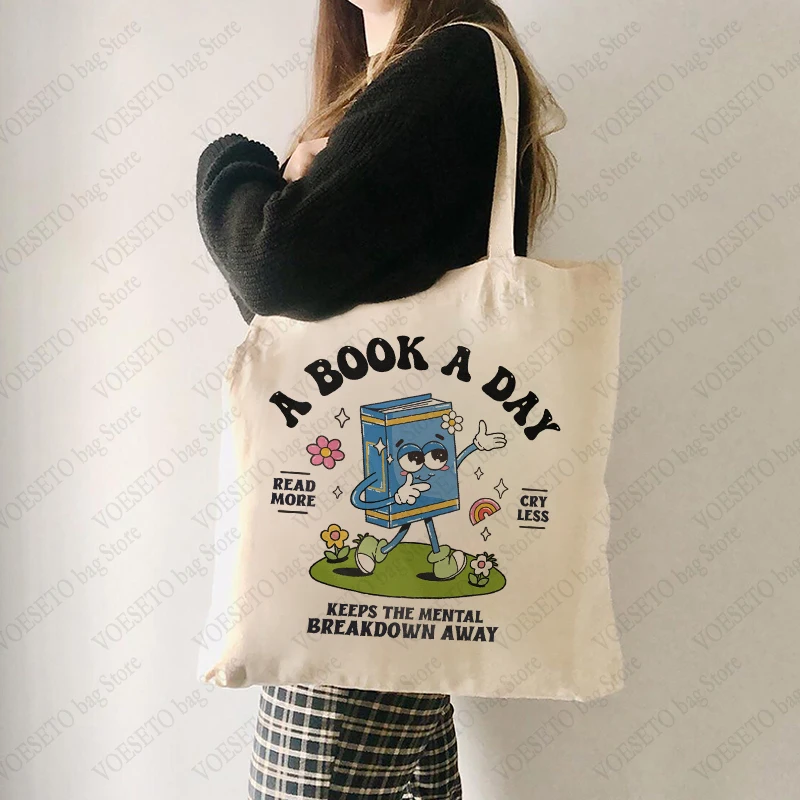 A Book A Day Keep The Mental Breakdown Pattern Tote Bag Canvas Shoulder Bag for Readers Shopping Bags Gift for Reading Lovers