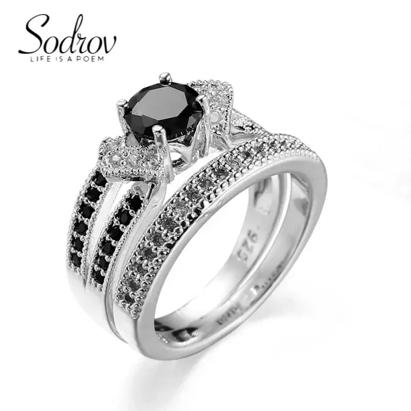 SODROV Black Crystal Zircon Set of Rings for Women Ring Jewelry Sets