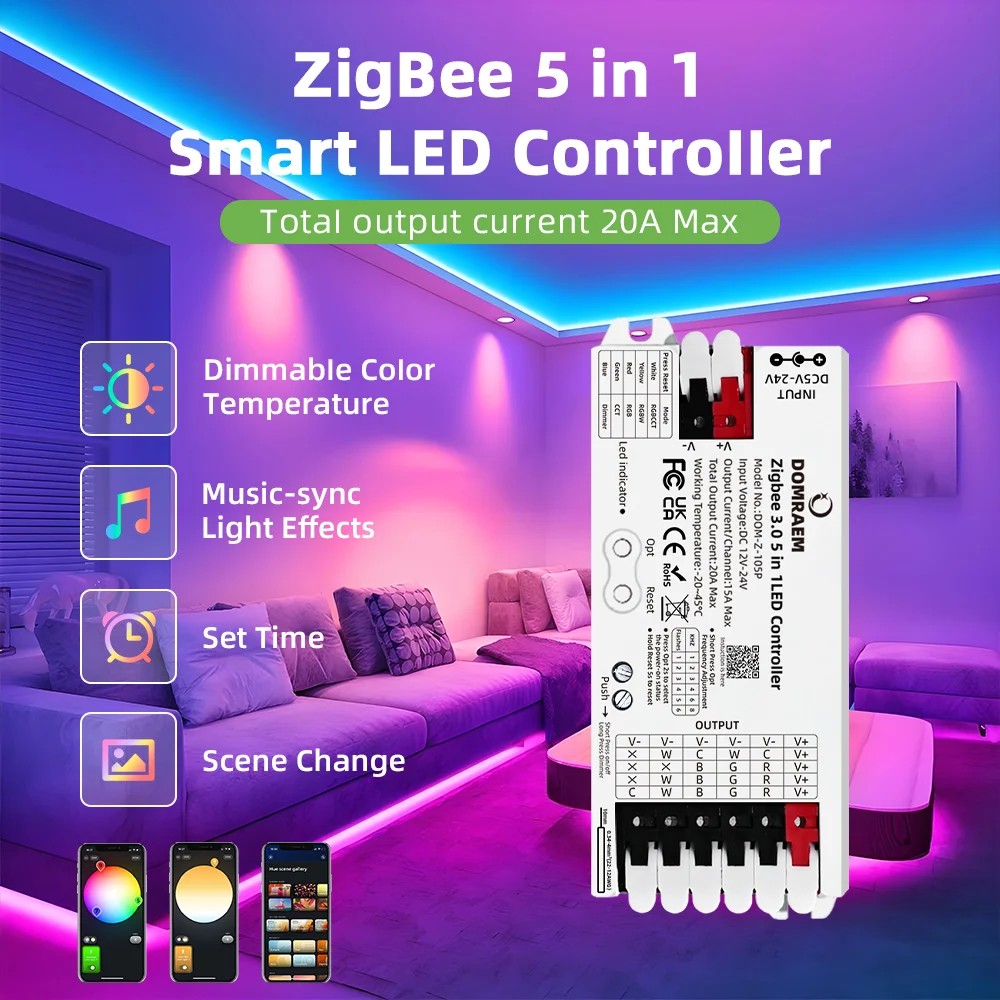 

DOMRAEM Zigbee 3.0 Smart 5 in1 LED Controller DIMMER WW/CW RGB RGBWCCT Strips Works with 3.0 Hubs (Hu*e/Echo Plus etc.)Alexa/APP