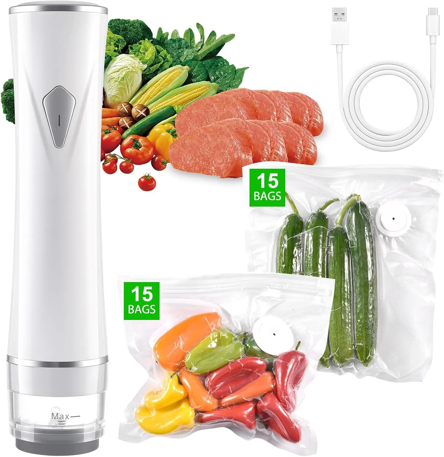 

Ручной вакуумный упаковщик с функцией автоматической остановки, съемным фильтром, видимым резервуаром для воды и 30 многоразовыми пакетами для сохранения продуктов