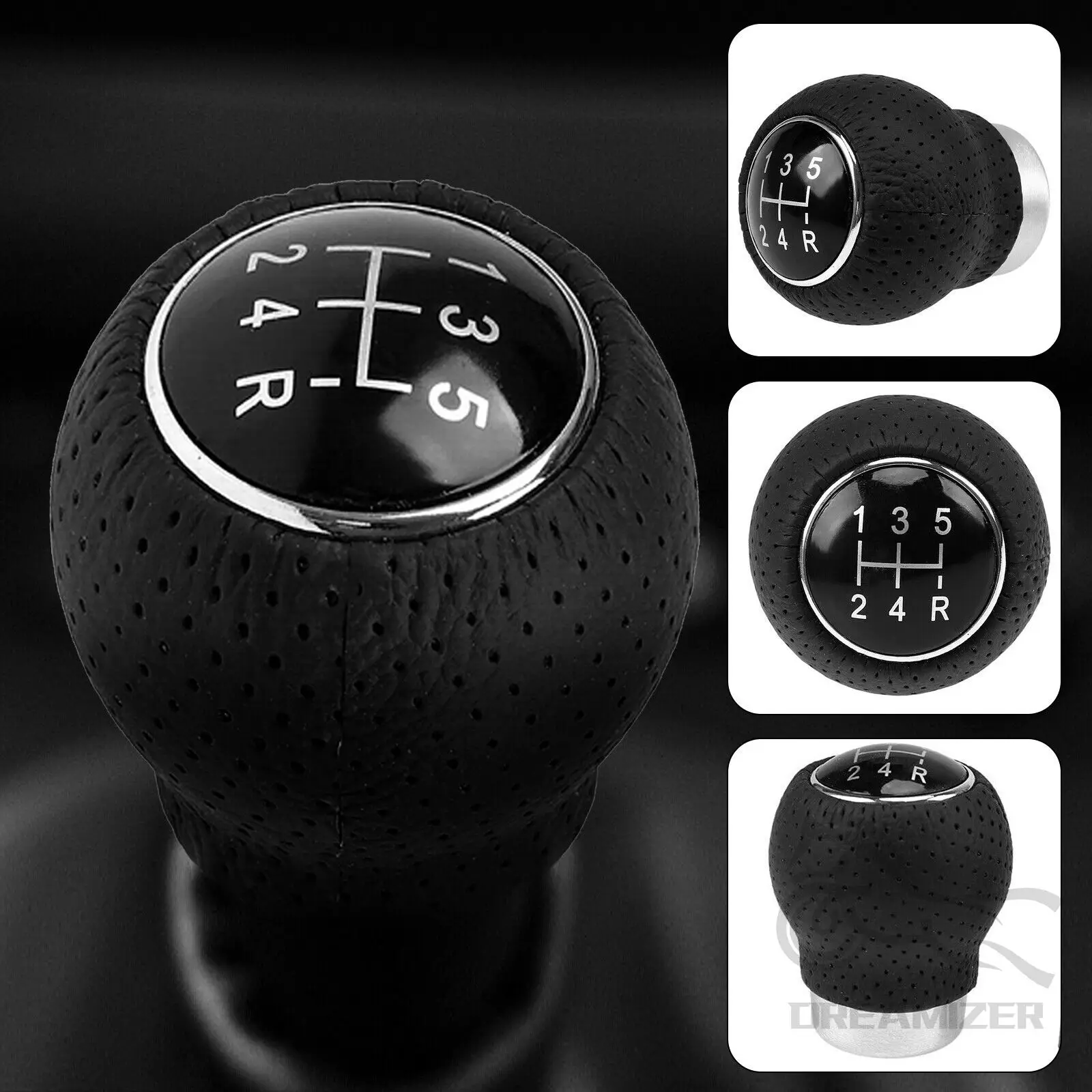 Universal 5 Speed Car Manual Gear Stick Shift Knob Shifter Lever Leather Black Lever Pen Adapter Replacement Ball