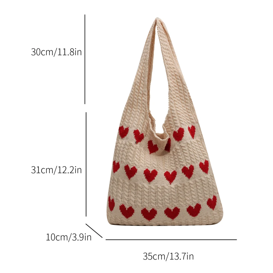 Heart Knitted Women\'s Bag Knit Eco Bag Korean Foldable Shopper Y2K Crochet Rope Shoulder Bag Sweet Knitting Handbag Ins Tote Bag