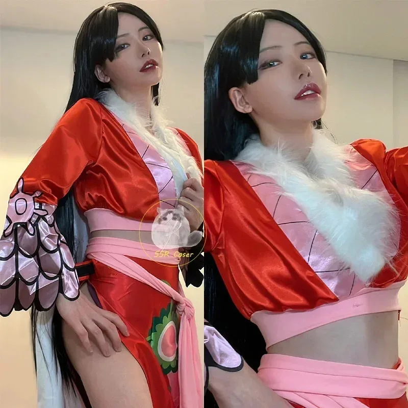 Anime Cosplay Sexy Empire Vestido de kimono rojo Uniforme Boa Hancock Peluca Pendientes Disfraces de Halloween para mujeresc;8,k'5;h.
