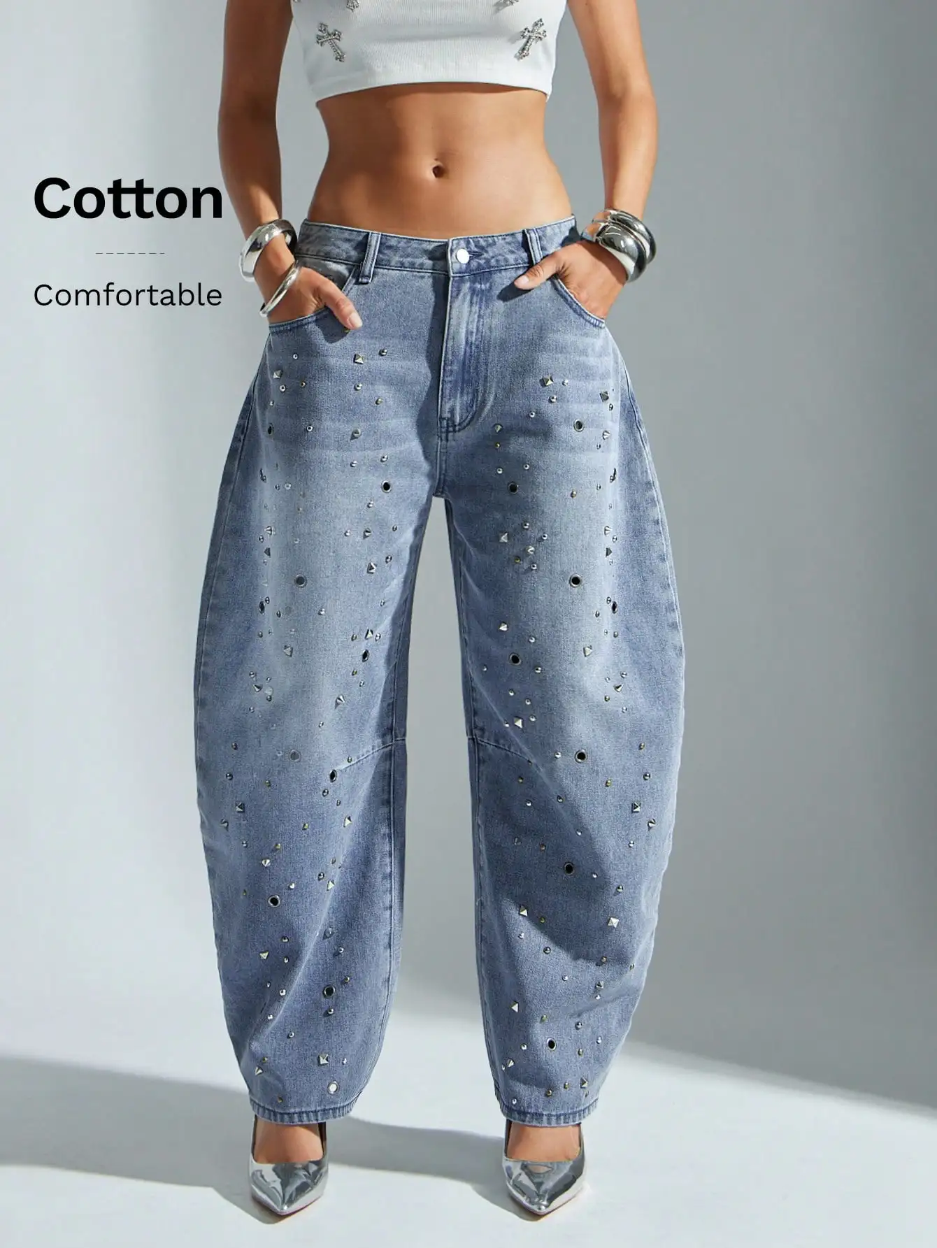 

Женские джинсы с высокой талией, широкими штанинами, металлическими заклепками и дырками, комфортный крой из хлопка