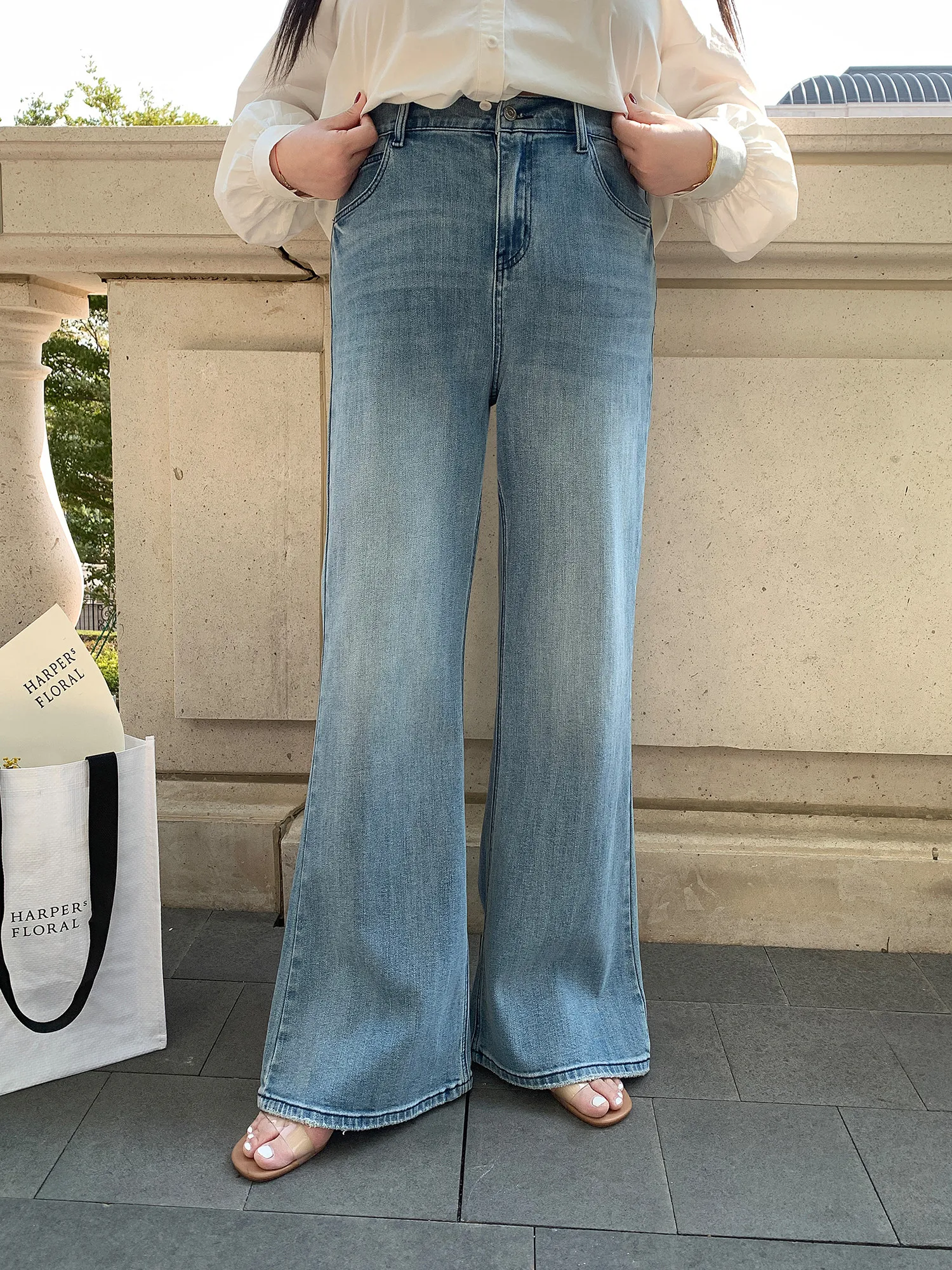 

Джинсы с высокой талией, широкими штанинами и эффектом утяжки, синие, больших размеров, женские, весенняя новинка, повседневные, для работы и отдыха