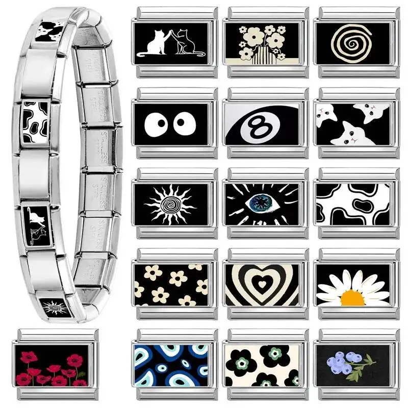 Hapilife New Black Style NO.8 Ball Eyes Flower Cat Italian Links Charm Fit 9Mm Stainless Steel Gift Modular Bracelet Jewelry DIY