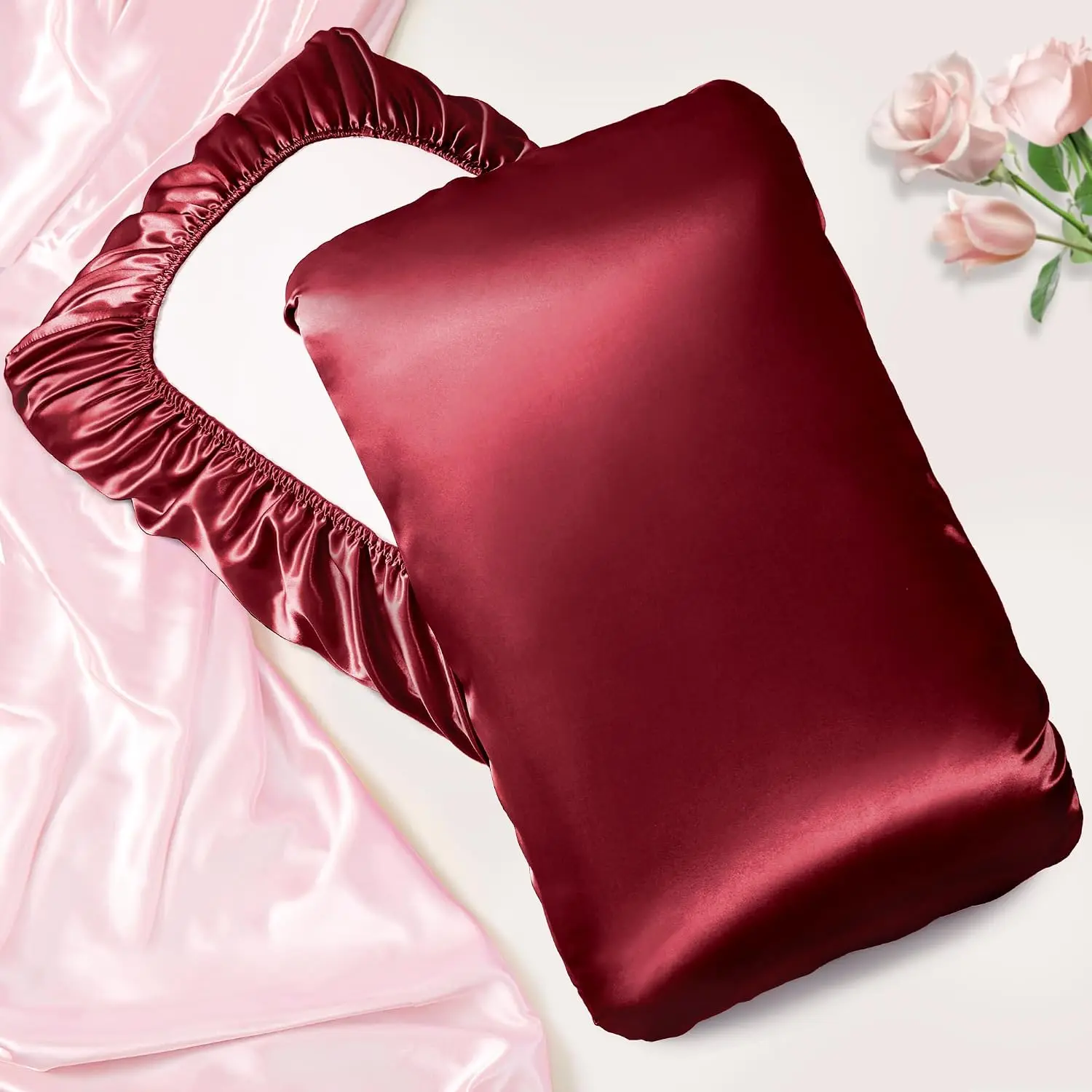 Satin Pillowcase for Hair and Skin,Travel Pillow Cover with Elastic Band,No Zipper,Soft Foldable Sleep Pillowcase for Home,Hotel