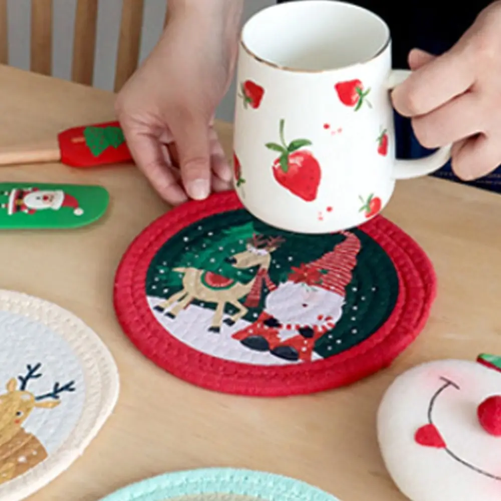 Table Mats Heat Insulation Christmas Woven Cotton Placemat Anti-scalding Non-Slip Pot Pad Snowman Round Coaster Table Decoration