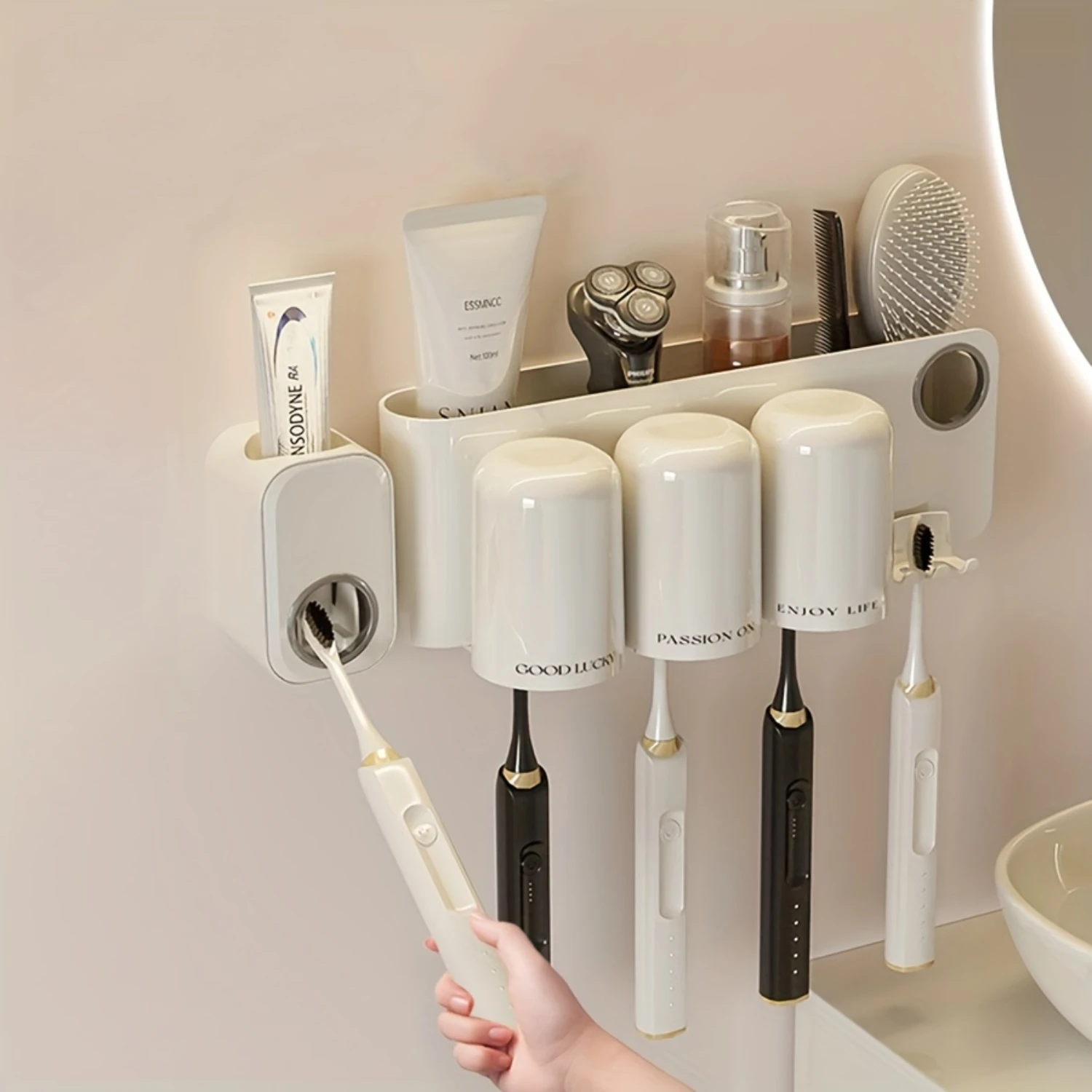 1pc 4-Slot Wall-Mounted Toothbrush Holder With Toothpaste Dispenser, Plastic Bathroom Organizer, No-Drill  Rack For Mouthwash Cu