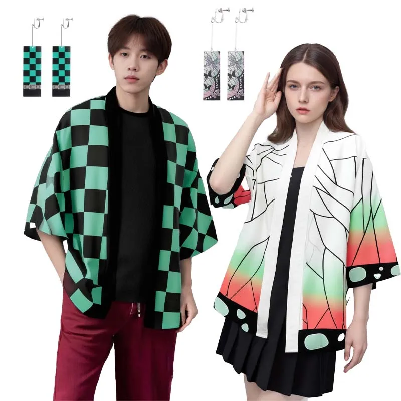 Japanese Anime Tanjiro Nezuko Kamado Cosplay Kimono for Men Women Halloween Shinobu Zenitsu Giyuu Coat Ear Clip Accessory Suit