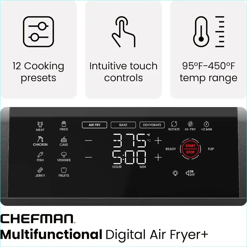 Chefman Air Fritadeira Forno com Temporizador Digital, Touchscreen, 12 Presets, tamanho familiar, bancada de convecção, 6 em 1, 12 Quart