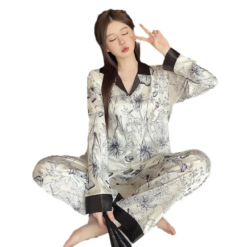 Women\'s Pajamas Satin Silk Cardigan Korean Ink Butterfly Lapel Long Sleeve Pijamas Elegant Pyjama Two-piece Set Ladies Sleepwear