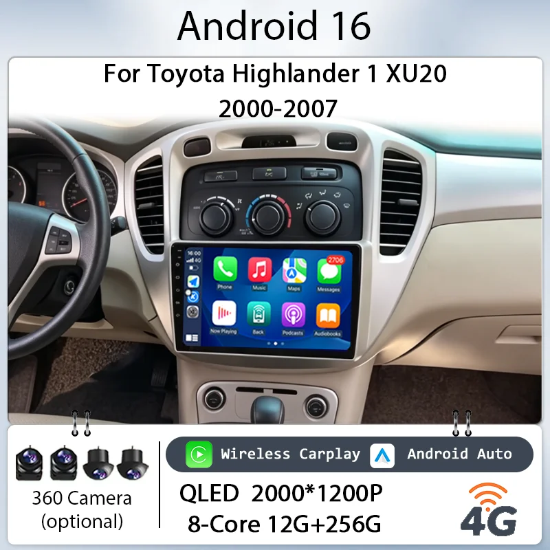 

Car Stereo IPS HD Touch Screen Wireless CarPlay GPS Navi BT 4G DSP Player 9" Android 16 for Toyota Highlander 1 XU20 2000-2007
