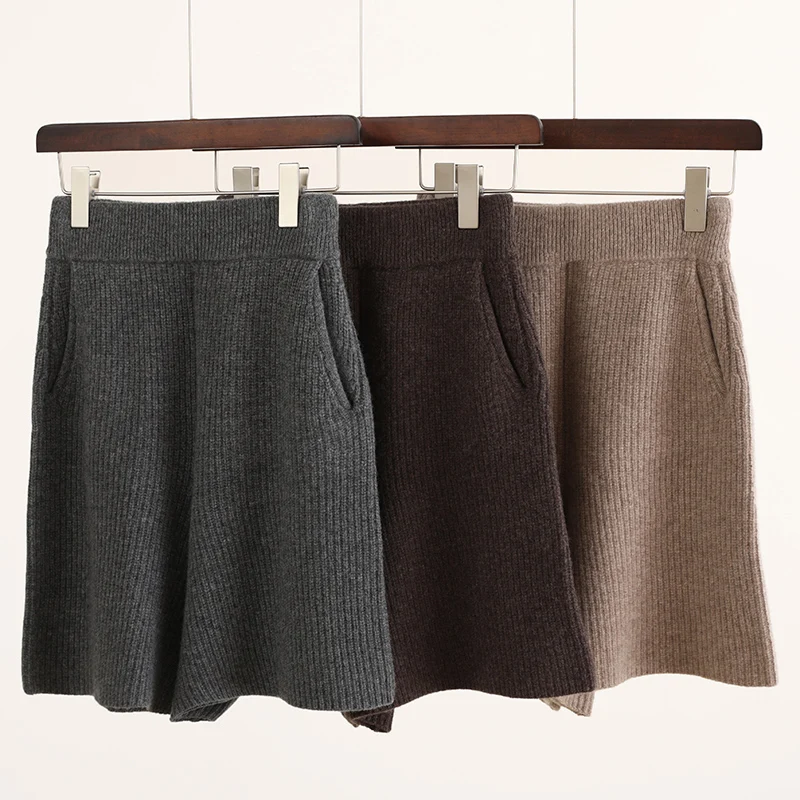 Women Wool Shorts Screw Thread  Wide Leg Short Pants Autumn Winter 100% Merino Wool Knitted Office Lady Soft Solid Pocket Shorts