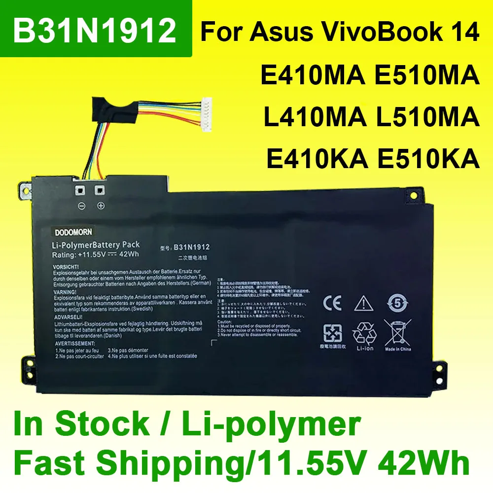 

For ASUS VivoBook 14 E410MA E410KA L410MA E510MA L510MA E510KA R522MA B31N1912 C31N1912 Laptop Battery 11.55V 42Wh In Stock