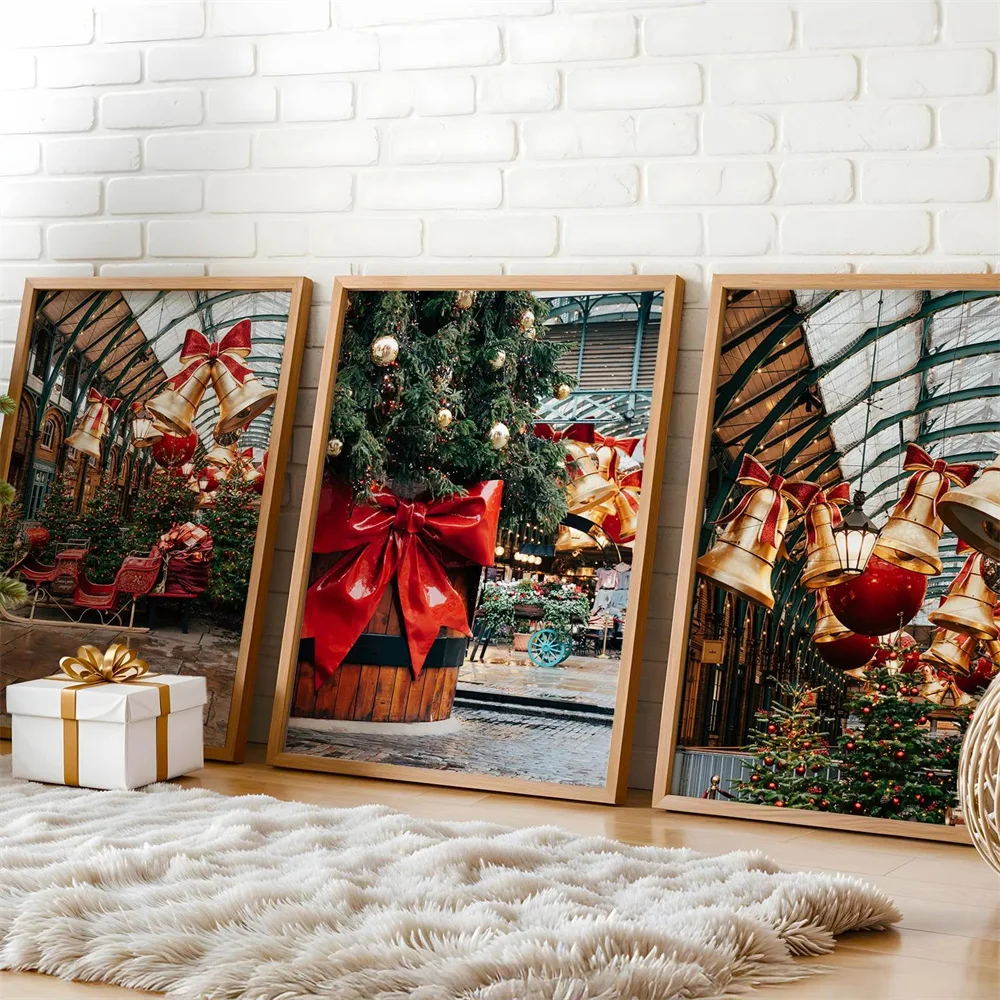 Garden Christmas Print Set, London Holiday Wall Art Trio, Apple Market Bells, Santa Sleigh，Red Bow Christmas Tree Photo Gallery