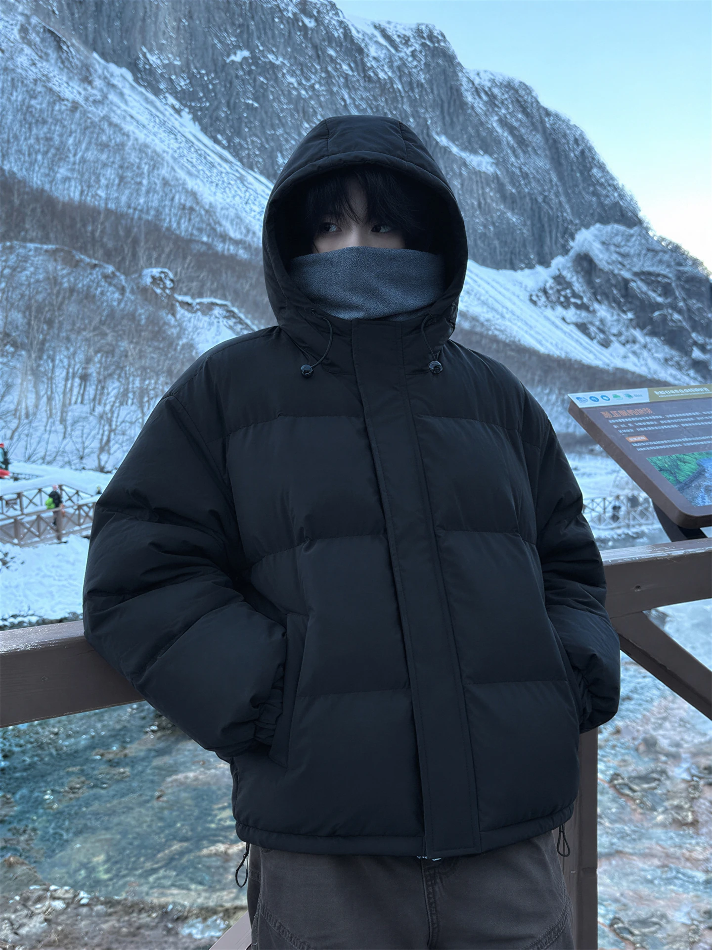 Men's Winter Thickened Hooded Cotton Jacket Black Warm Casual Loose Fit Large Size Cotton Coat Outerwear Youth Trend