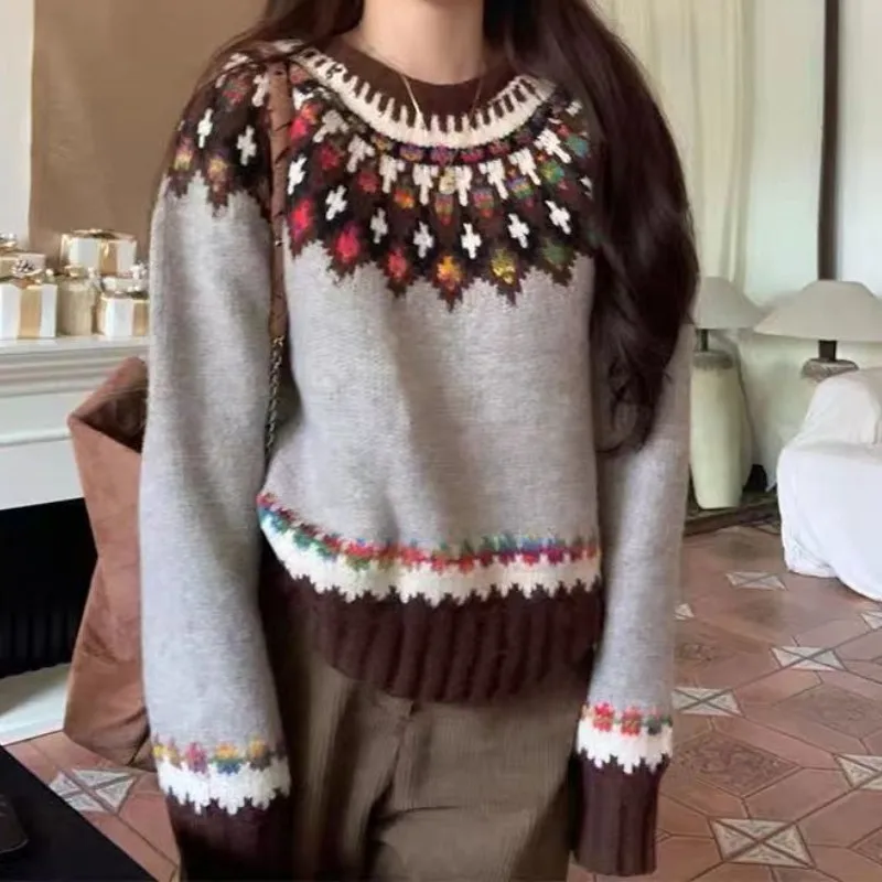 

Woman's Sweater Pullover Knit Print Argyle Pattern Ins O-Neck High StreetWear Vintage Staight OL Bohemian Full Sleeve Casual