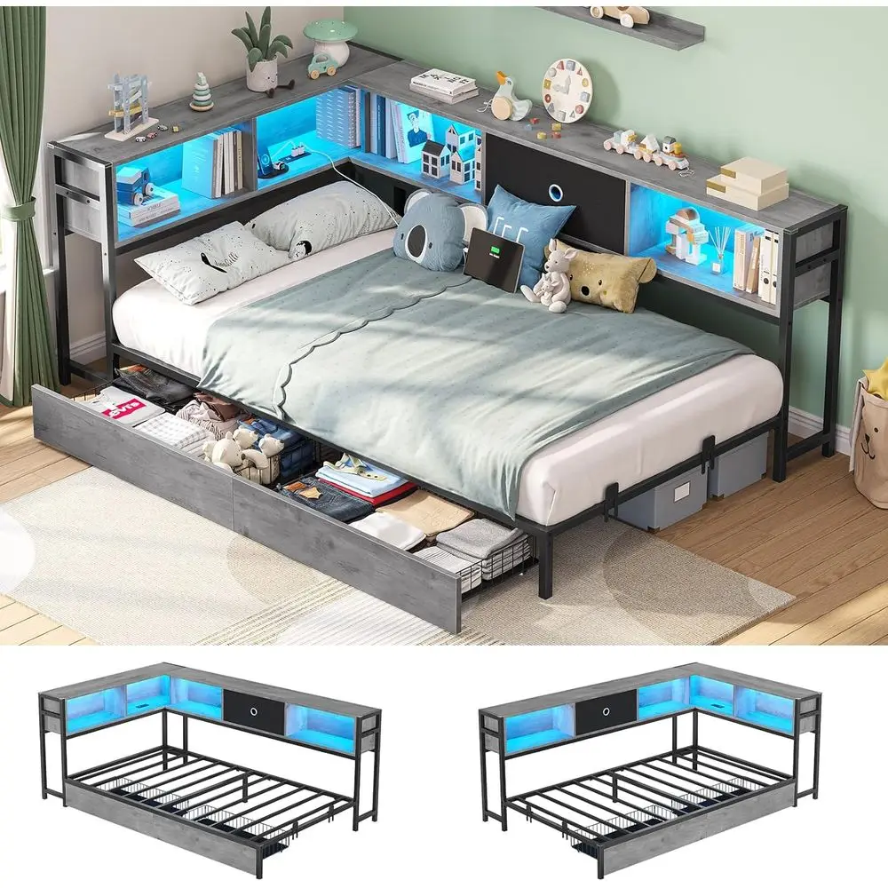 Twin Corner Bed Frame with Storage, Bookcase Headboard, Charging Station, and LED Lights in Oak Gray for Kids and Teens