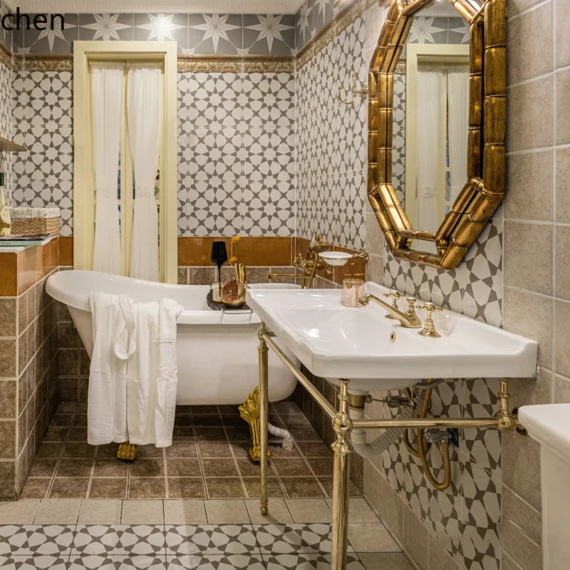O9.7- Simple Brass Stand Washbasin Vintage Bathroom Combination Basin