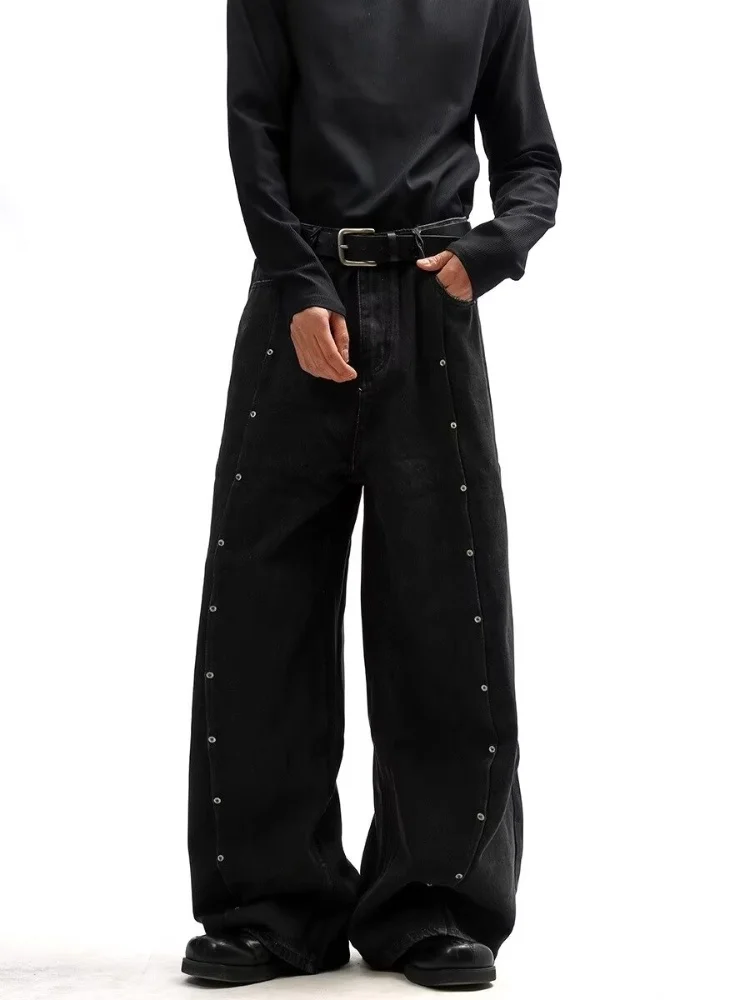 2025 Ropa Y2K نمط برشام تصميم مطوي أسود فضفاض الجينز السراويل للرجال الملابس واسعة الساق مستقيم طويل بنطلون بنطلونات أوم #5