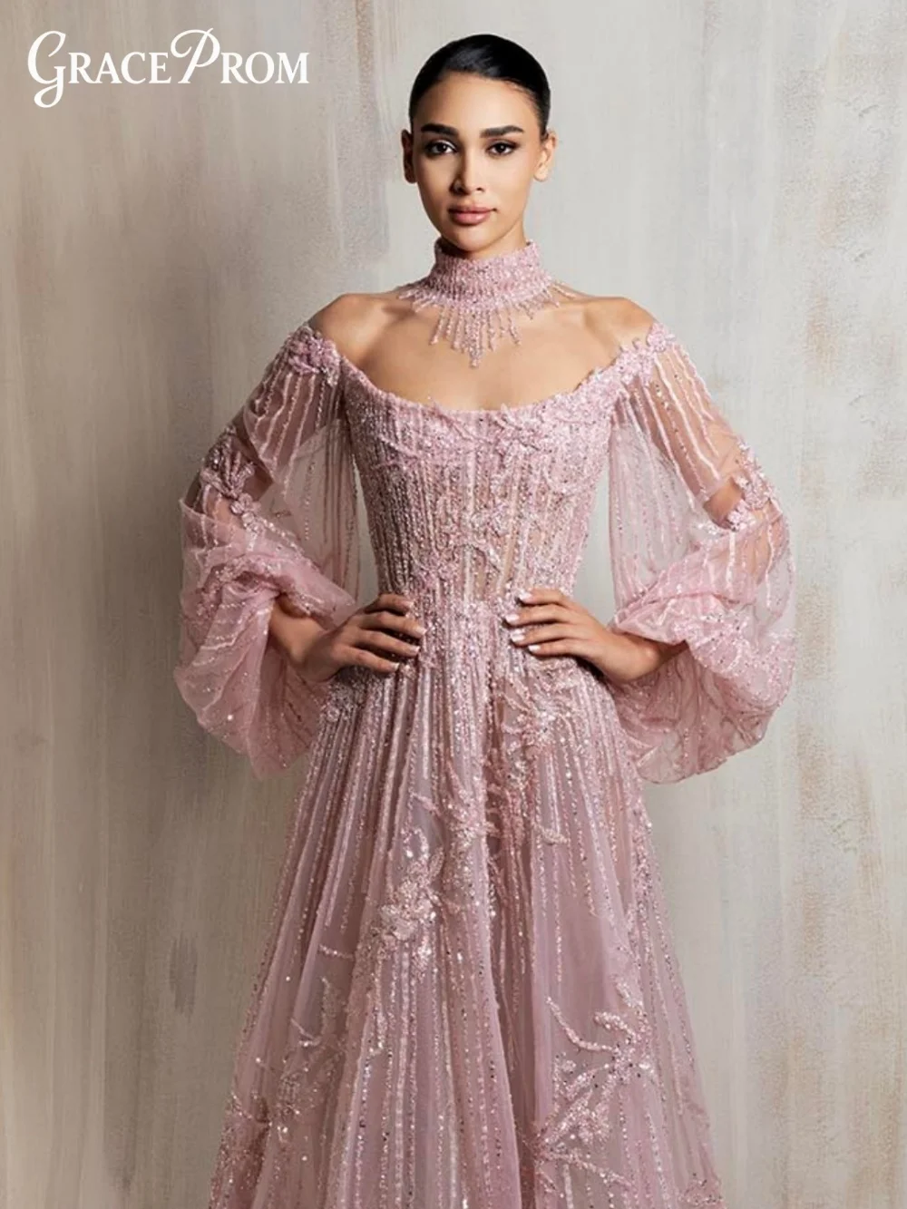 

Модное розовое вечернее платье с квадратным вырезом и бретельками на шее, элегантное, с бисером и пайетками, с пышными рукавами, А-силуэт, для выпускного вечера